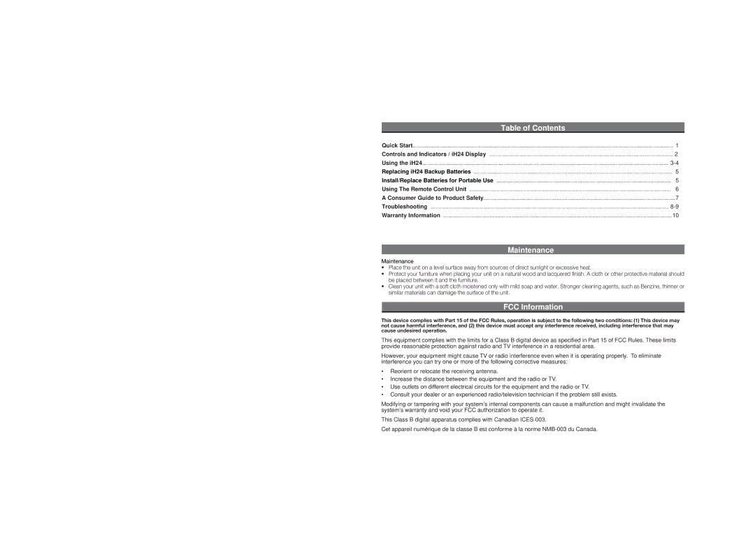 iHome IH24 IB warranty Table of Contents, Maintenance, FCC Information 