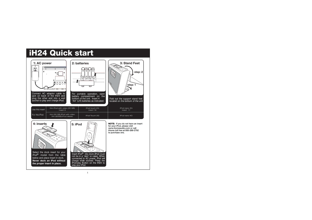 iHome IH24 IB warranty IH24 Quick start, Stand Feet 