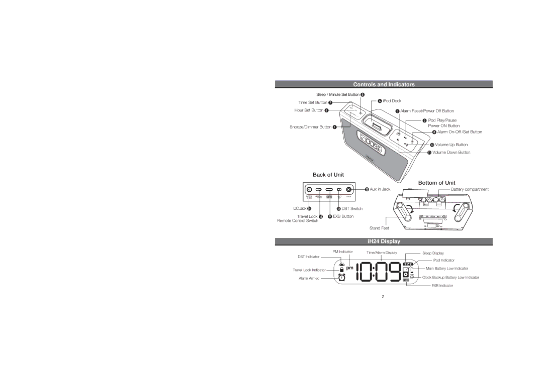 iHome IH24 IB warranty Controls and Indicators, IH24 Display 