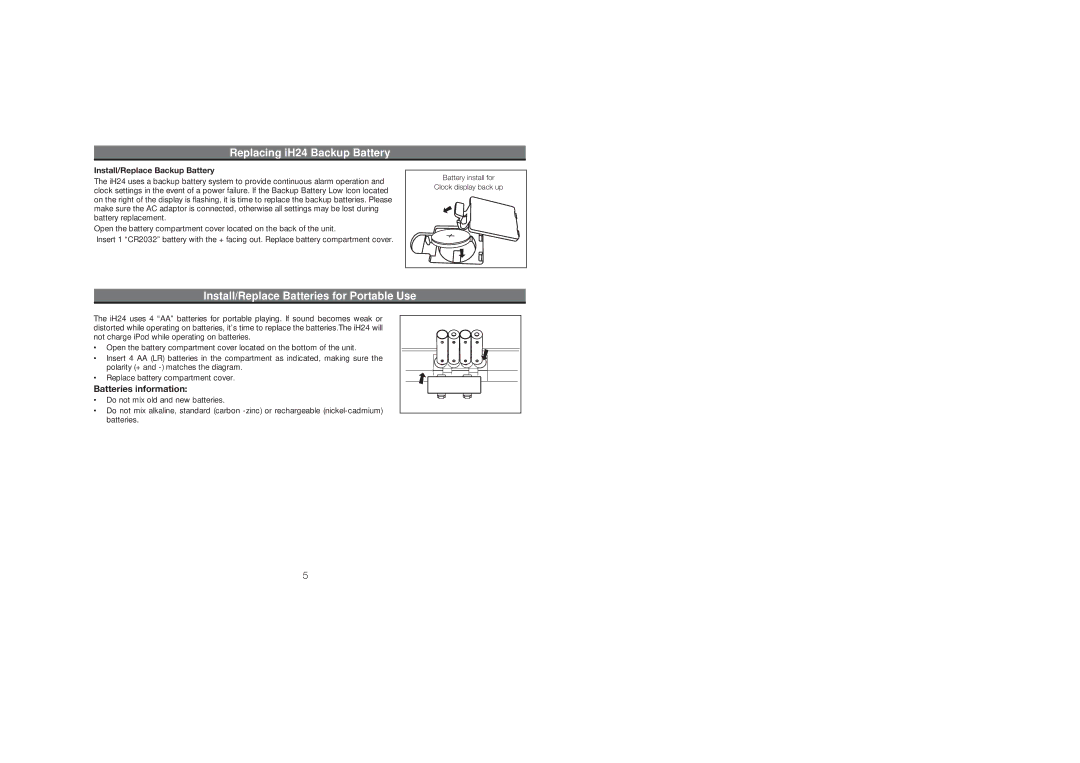 iHome IH24 IB warranty Replacing iH24 Backup Battery, Install/Replace Batteries for Portable Use 