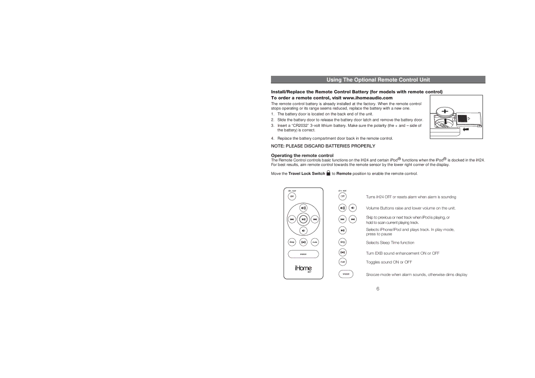 iHome IH24 IB warranty Using The Optional Remote Control Unit, Operating the remote control 