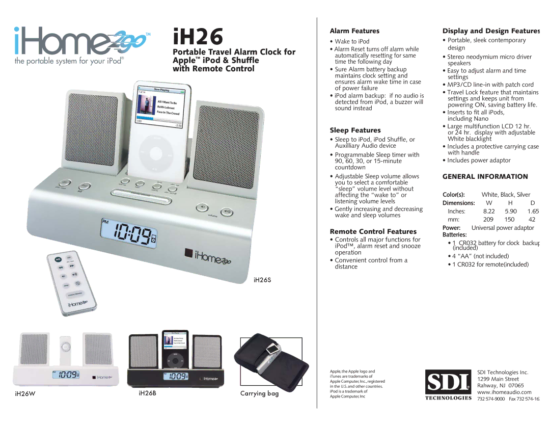 iHome iH26B, iH26W, iH26S dimensions IH26, Portable Travel Alarm Clock for, General Information 