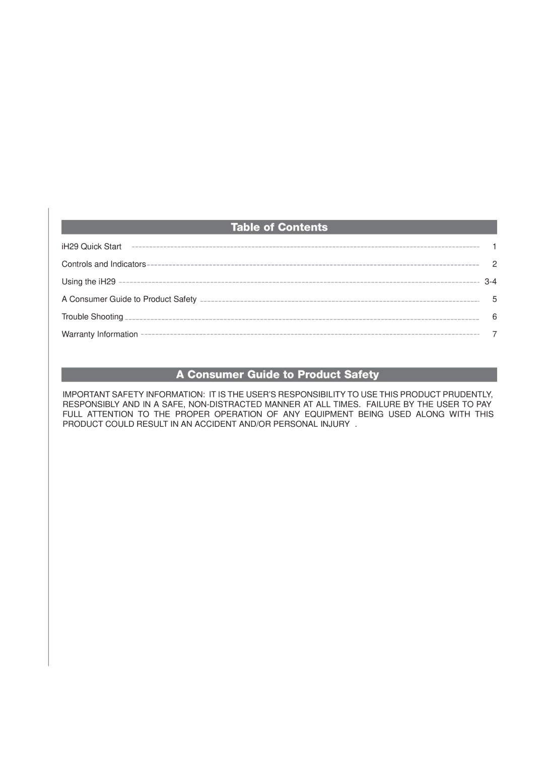 iHome iH29 manual Table of Contents, Consumer Guide to Product Safety 