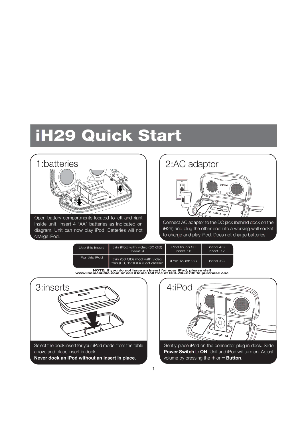 iHome iH29 manual IH29 Quick Start 