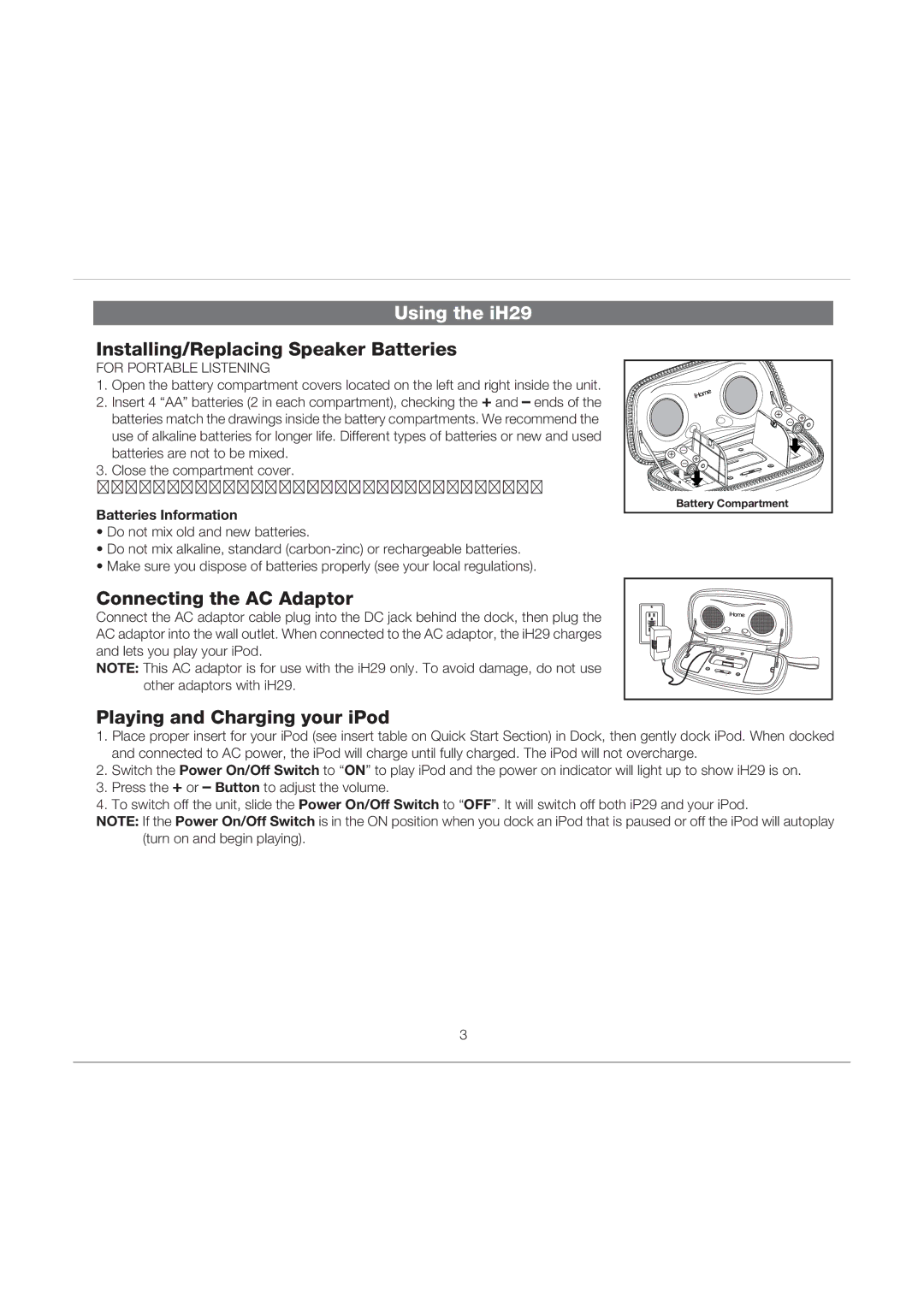 iHome Using the iH29, Installing/Replacing Speaker Batteries, Connecting the AC Adaptor, Playing and Charging your iPod 