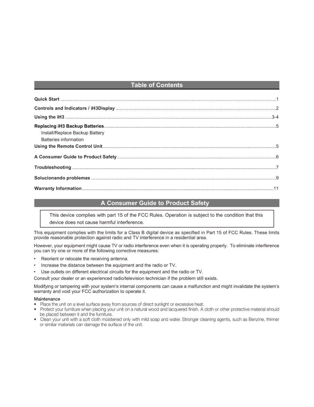 iHome iH3 manual Table of Contents, Consumer Guide to Product Safety 