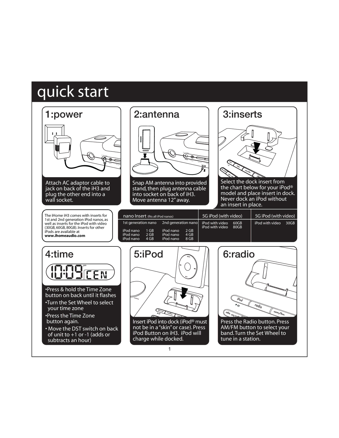 iHome iH3 manual Quick start 