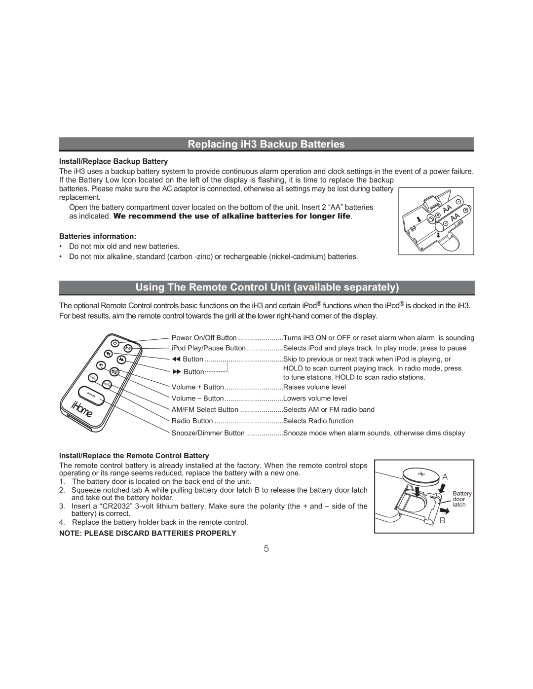 iHome manual Replacing iH3 Backup Batteries, Using The Remote Control Unit available separately 