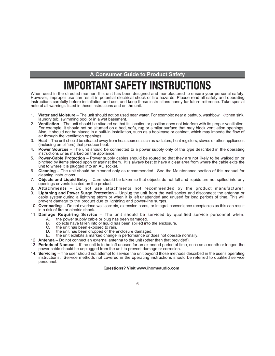 iHome iH3 manual Consumer Guide to Product Safety 