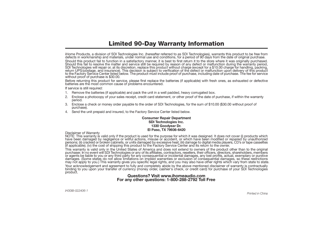 iHome iH30 warranty Limited 90-Day Warranty Information, Disclaimer of Warranty 