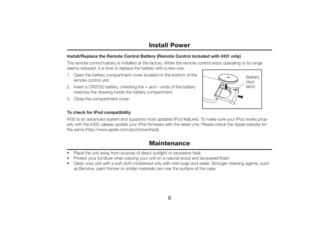 iHome iH30 warranty Maintenance, To check for iPod compatibility 