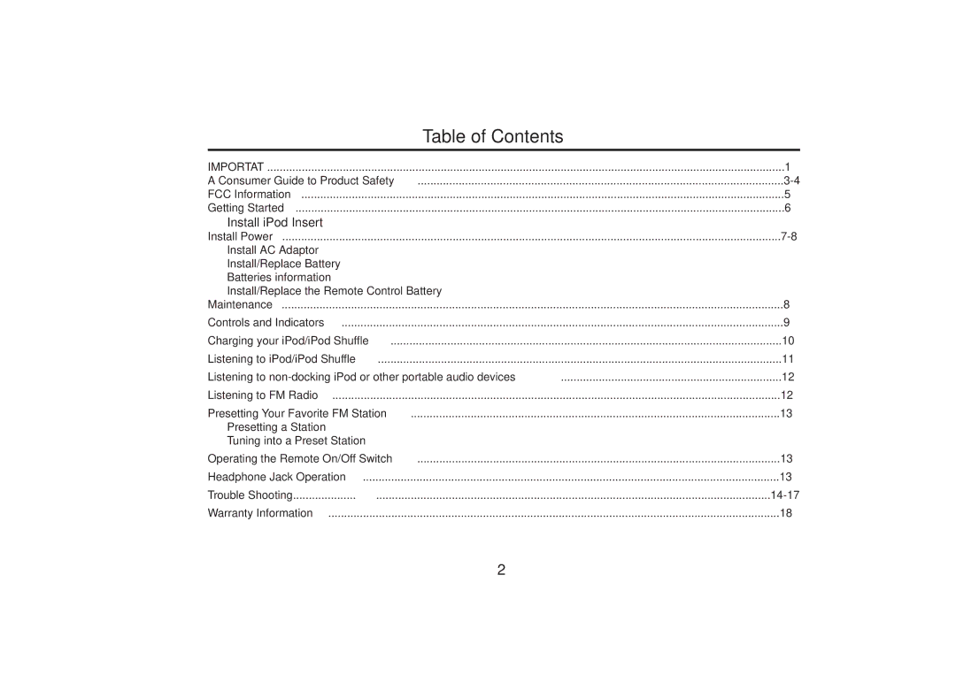 iHome iH30 warranty Table of Contents 