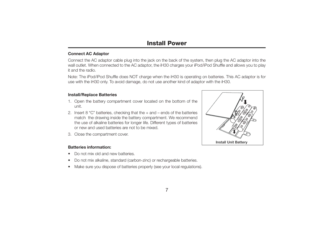 iHome iH30 warranty Install Power, Connect AC Adaptor, Install/Replace Batteries, Batteries information 