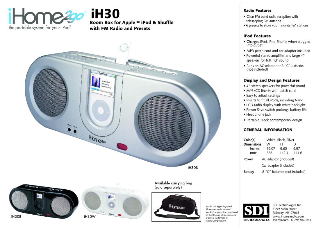 iHome iH30B, iH30S, iH30W dimensions IH30, Boom Box for Apple iPod & Shuffle with FM Radio and Presets, General Information 