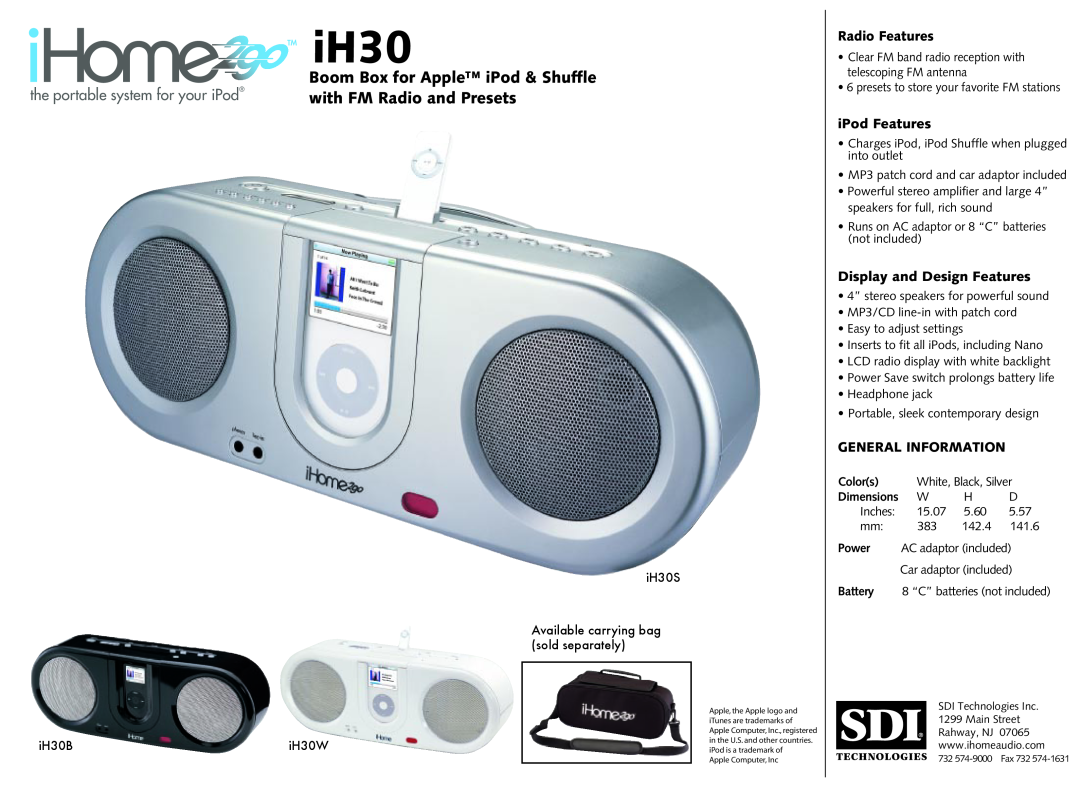 iHome iH30B dimensions Boom Box for Apple iPod & Shuffle with FM Radio and Presets, the portable system for your iPod 