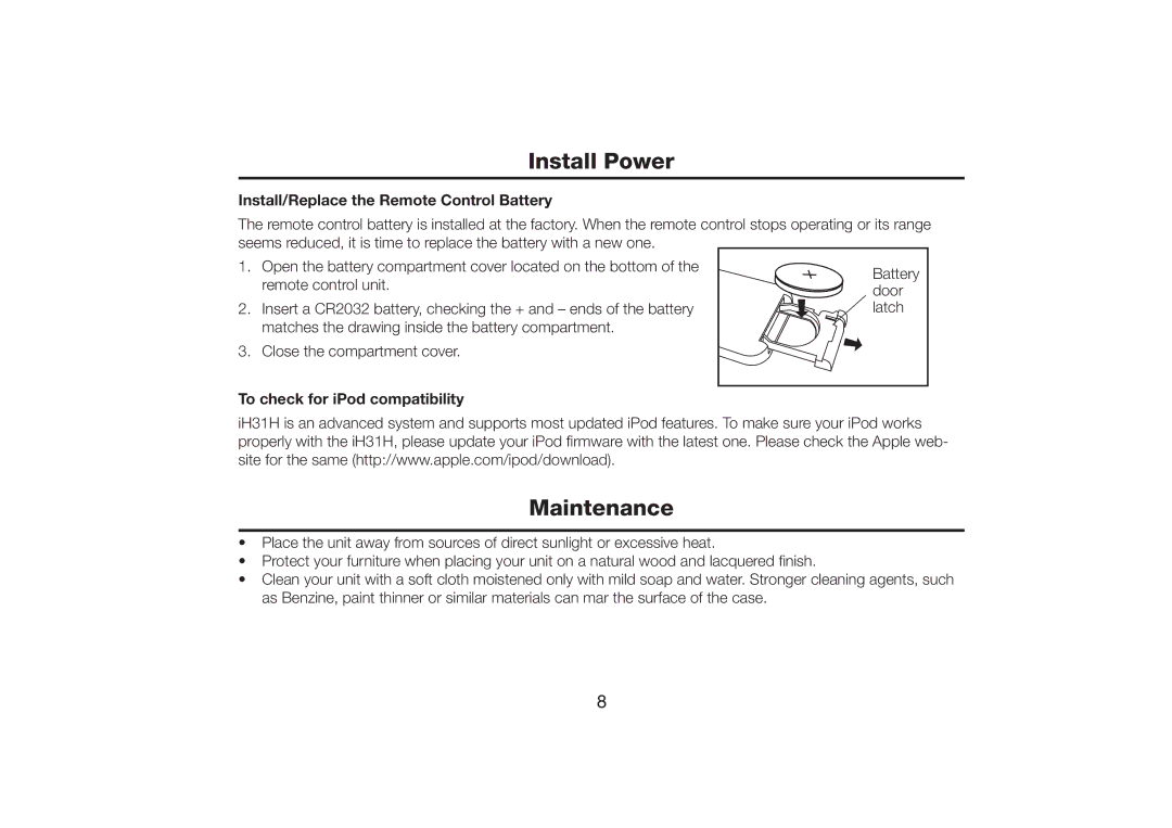 iHome iH31H warranty Maintenance, Install/Replace the Remote Control Battery, To check for iPod compatibility 