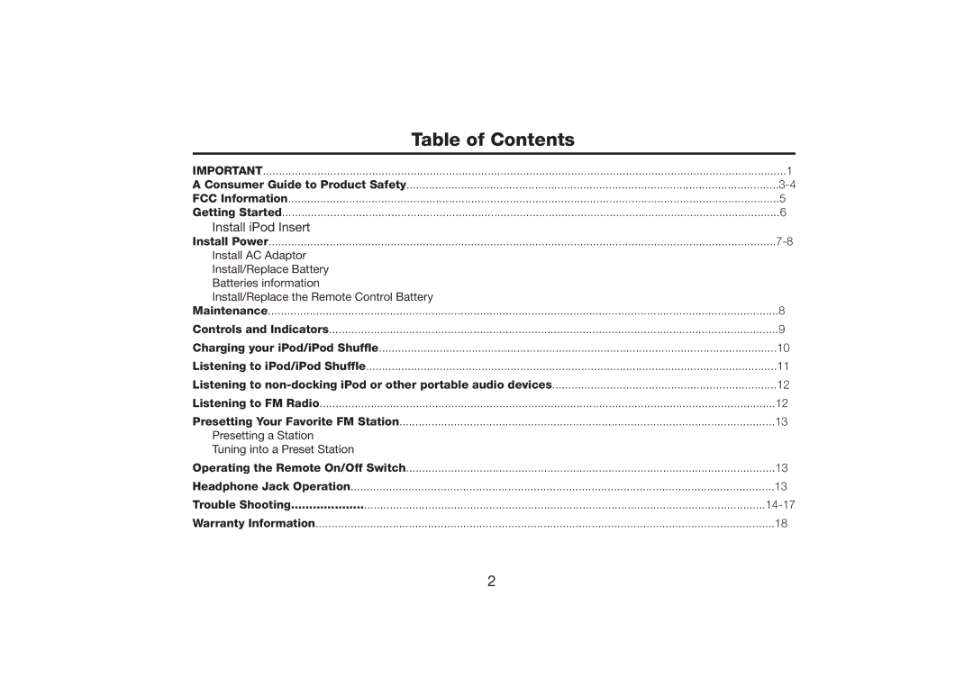 iHome iH31H warranty Table of Contents 