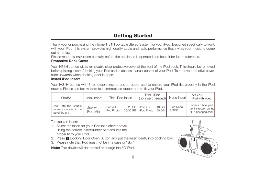 iHome iH31H warranty Getting Started, Protective Dock Cover, Install iPod Insert 