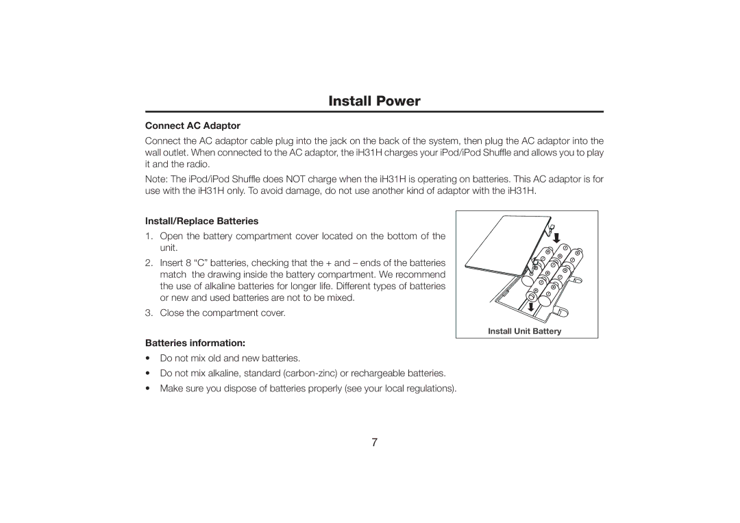 iHome iH31H warranty Install Power, Connect AC Adaptor, Install/Replace Batteries, Batteries information 