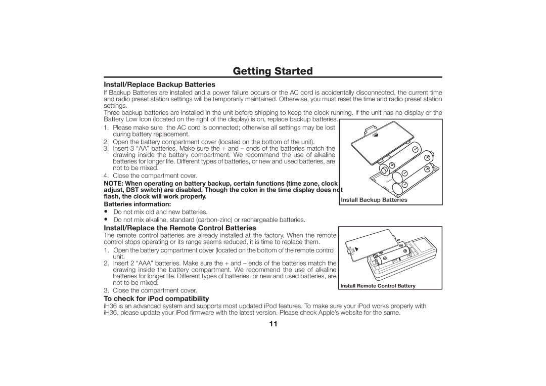 iHome iH36 manual Install/Replace Backup Batteries, Batteries information 