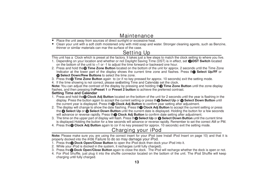 iHome iH36 manual Maintenance, Setting Up, Charging your iPod 