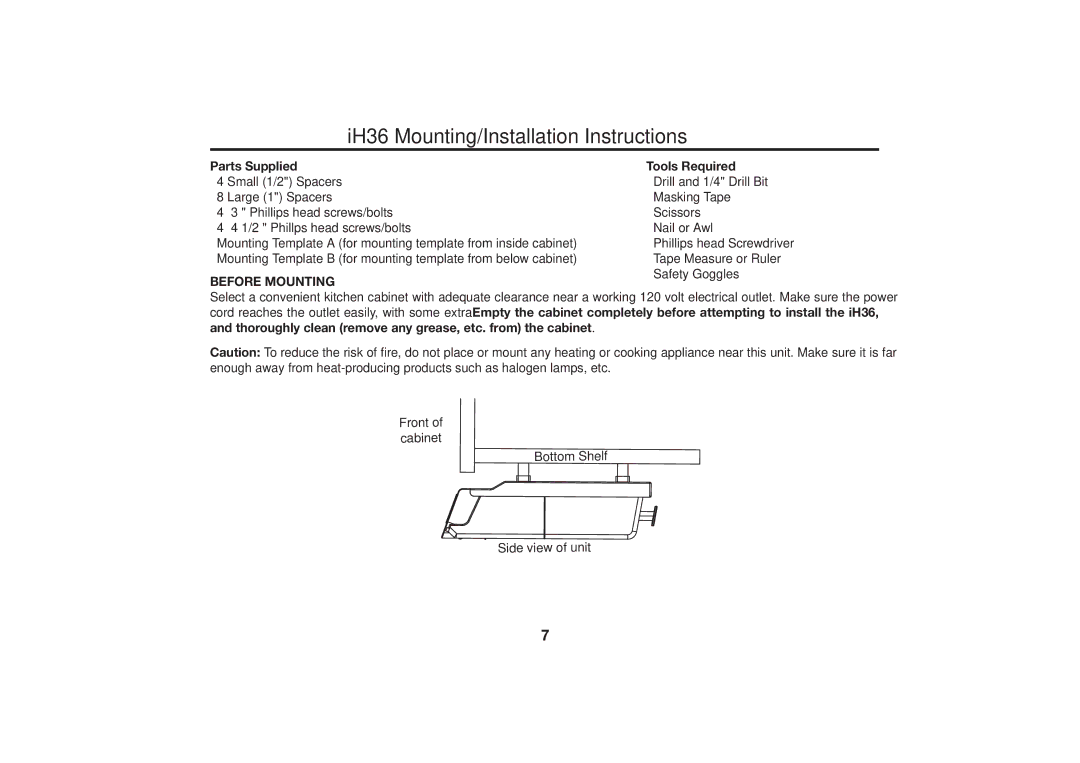 iHome iH36 manual IH36 Mounting/Installation Instructions, Parts Supplied 