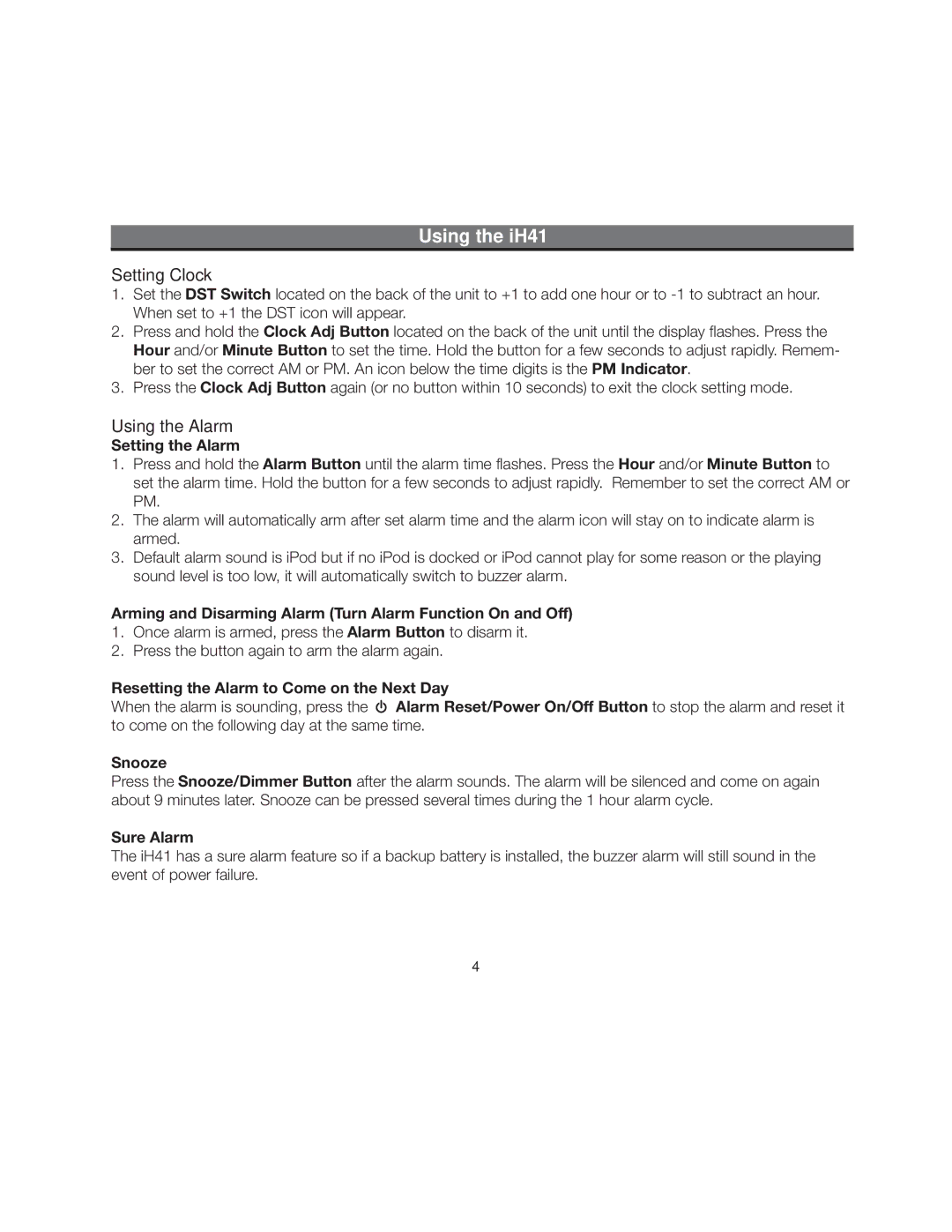 iHome manual Using the iH41, Setting Clock, Using the Alarm 