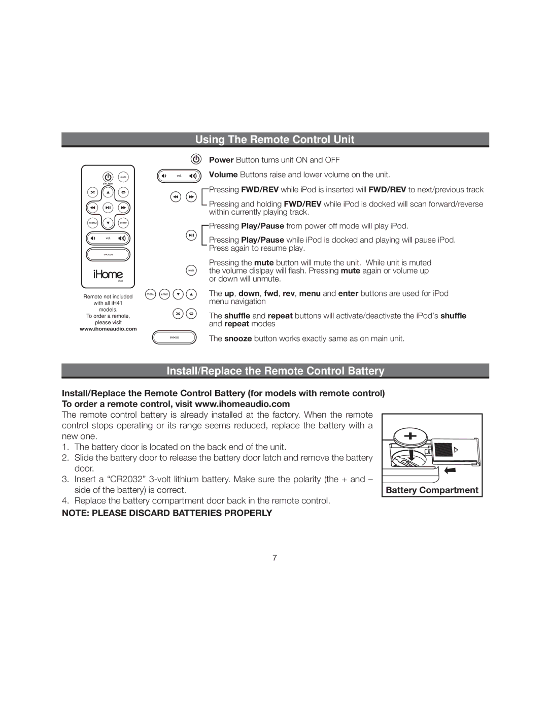 iHome iH41 manual Using The Remote Control Unit, Install/Replace the Remote Control Battery 