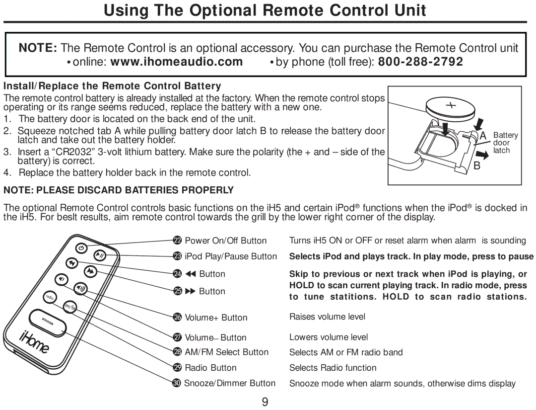 iHome iH5 manual Using The Optional Remote Control Unit, By phone toll free 