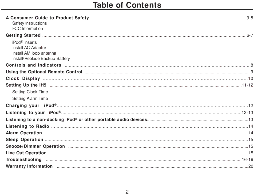 iHome iH5 manual Table of Contents 