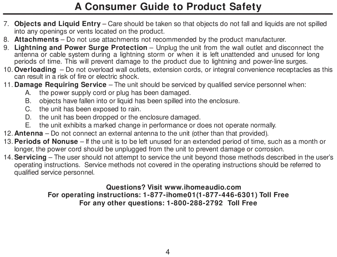 iHome iH5 manual Consumer Guide to Product Safety 