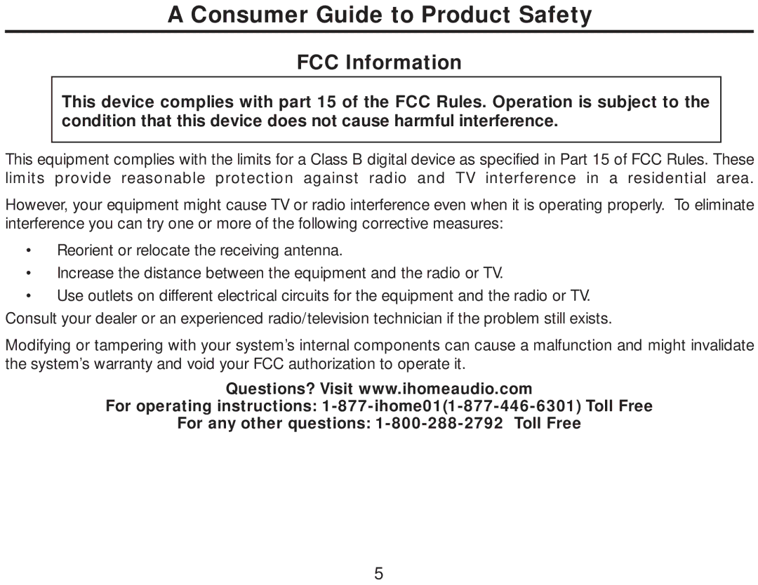 iHome iH5 manual FCC Information 