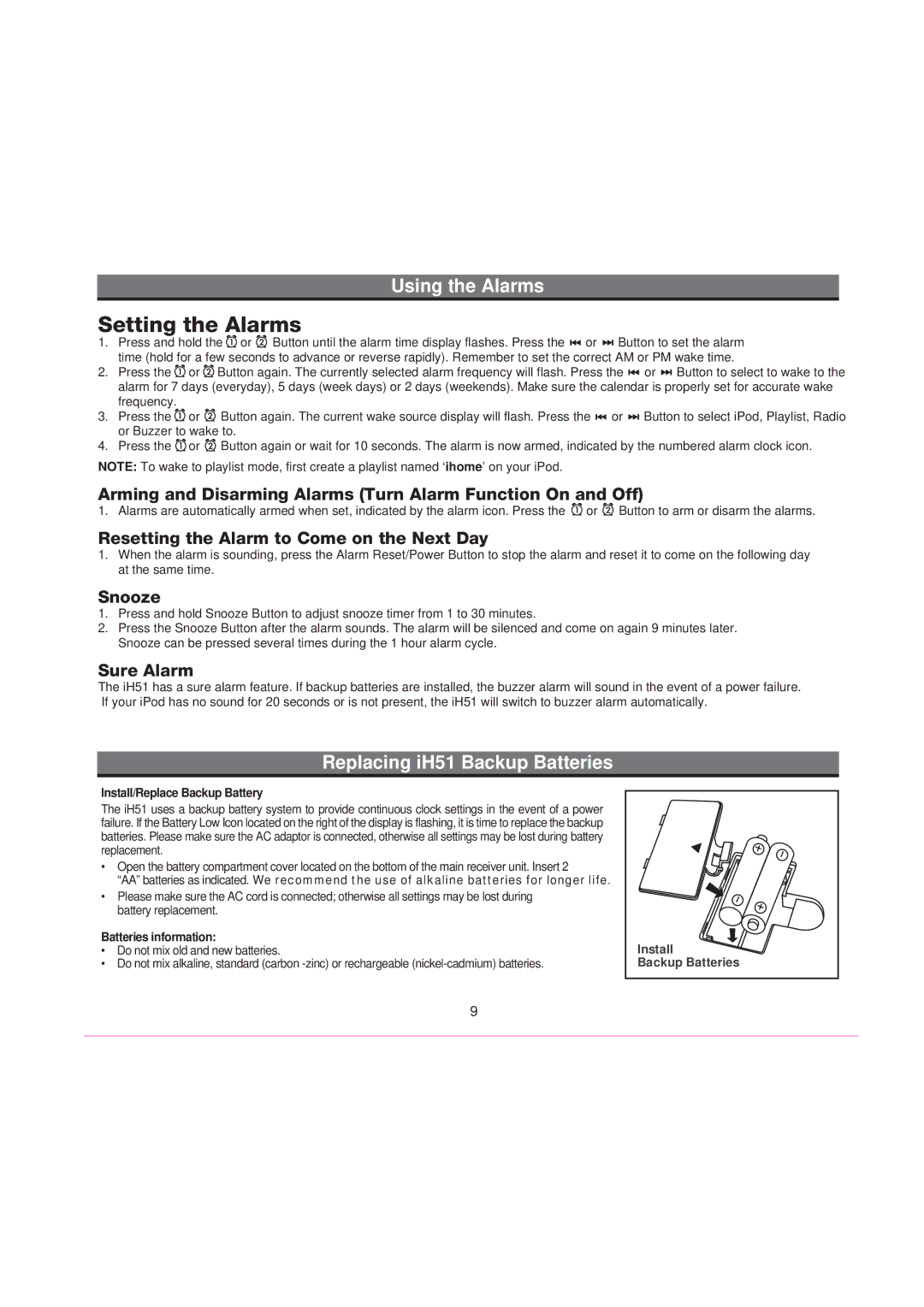 iHome manual Setting the Alarms, Using the Alarms, Replacing iH51 Backup Batteries 