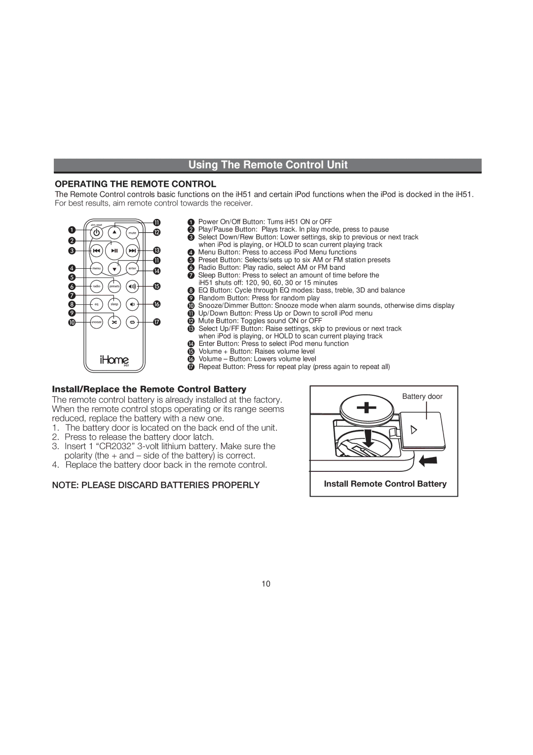 iHome iH51 manual Using The Remote Control Unit, Operating the Remote Control 