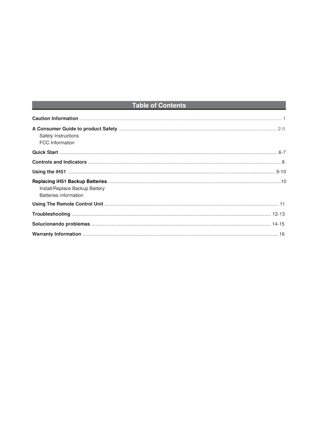 iHome iH51 manual Table of Contents 