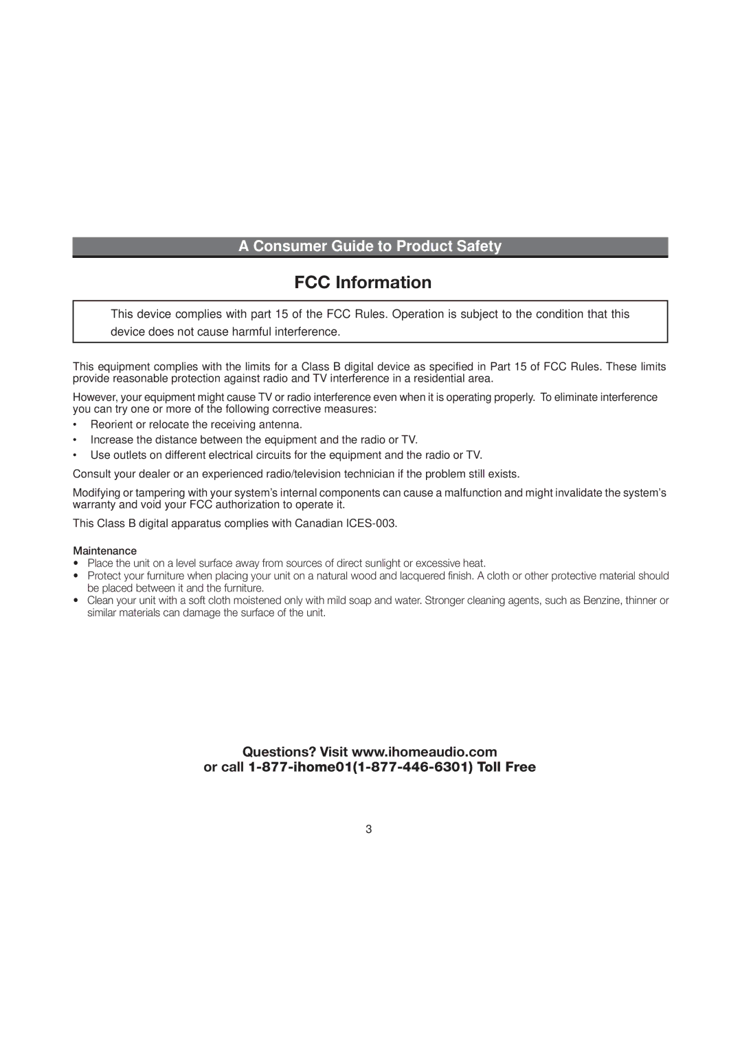 iHome iH51 manual FCC Information, Or call 1-877-ihome011-877-446-6301 Toll Free 