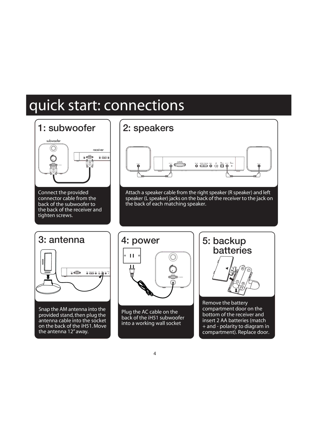 iHome iH51 manual Quick start connections 