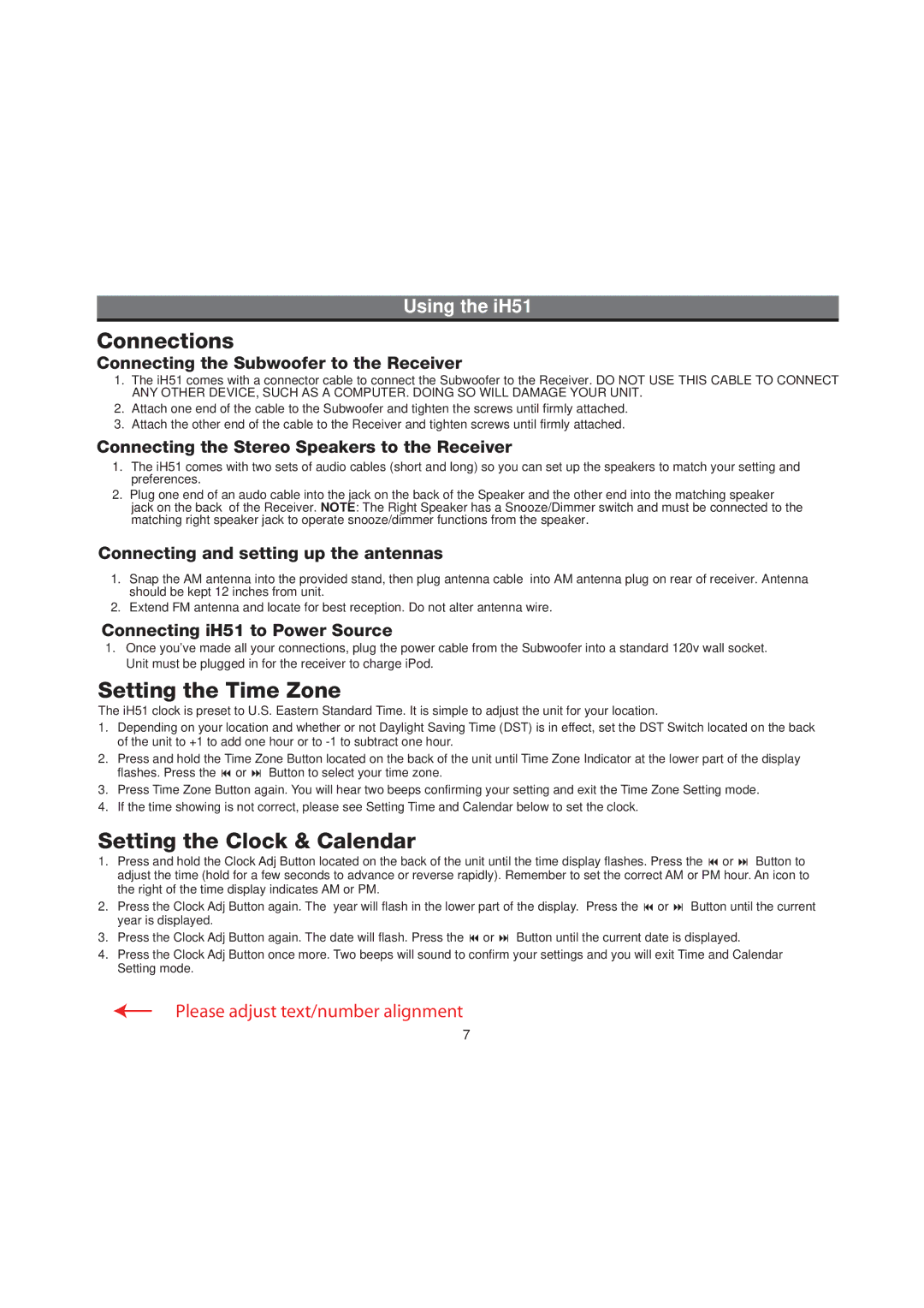 iHome manual Connections, Setting the Time Zone, Setting the Clock & Calendar, Using the iH51 