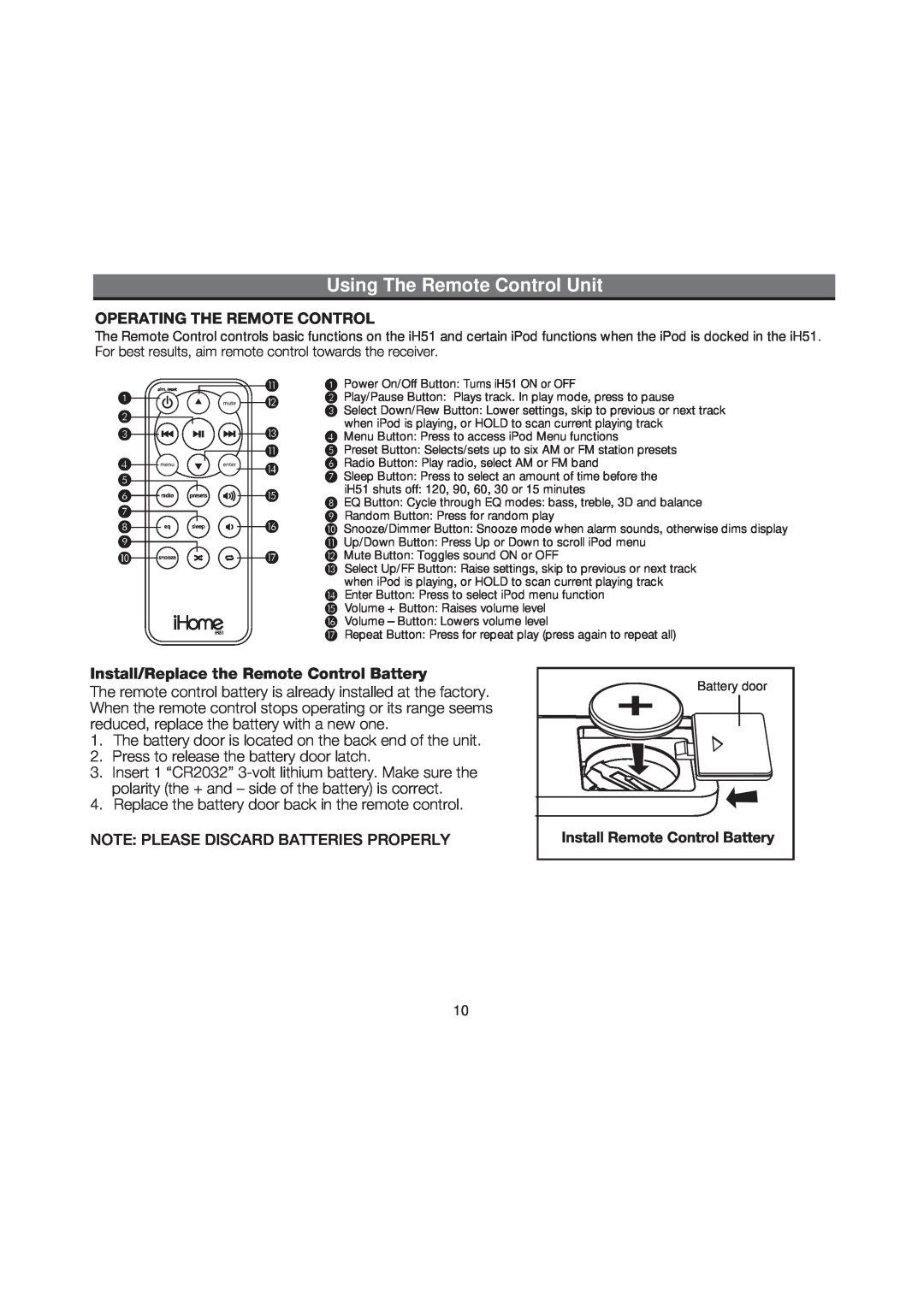 iHome iH51 manual Using The Remote Control Unit, Operating The Remote Control, Install/Replace the Remote Control Battery 