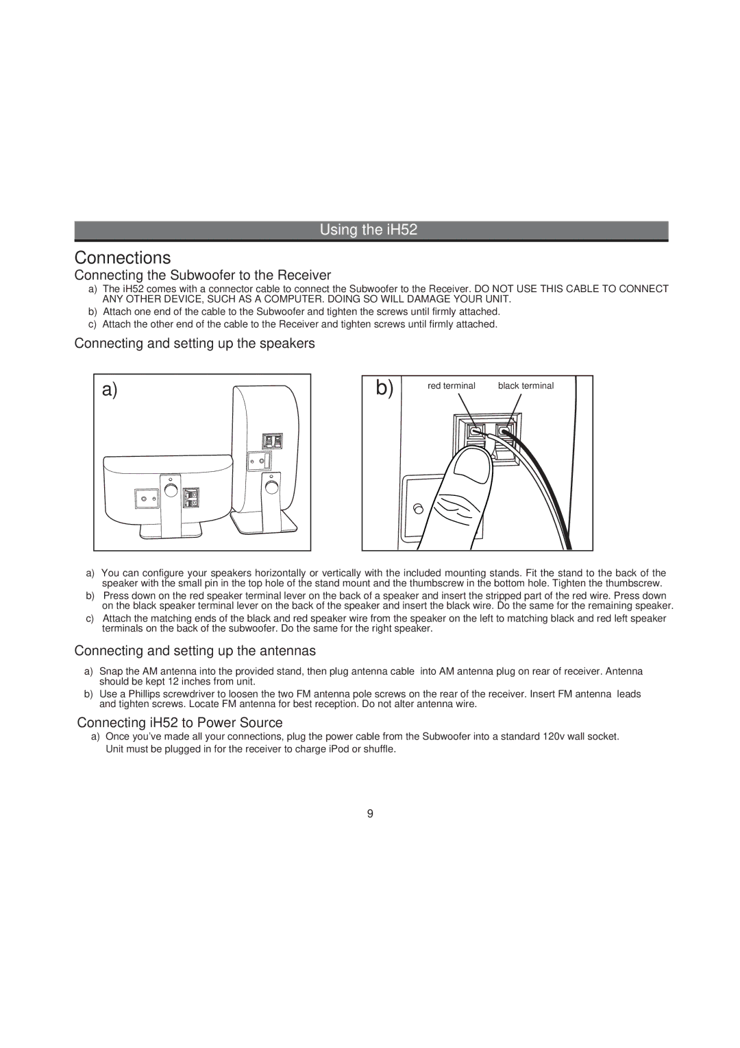 iHome IH52 manual Using the iH52, Connecting the Subwoofer to the Receiver, Connecting and setting up the speakers 