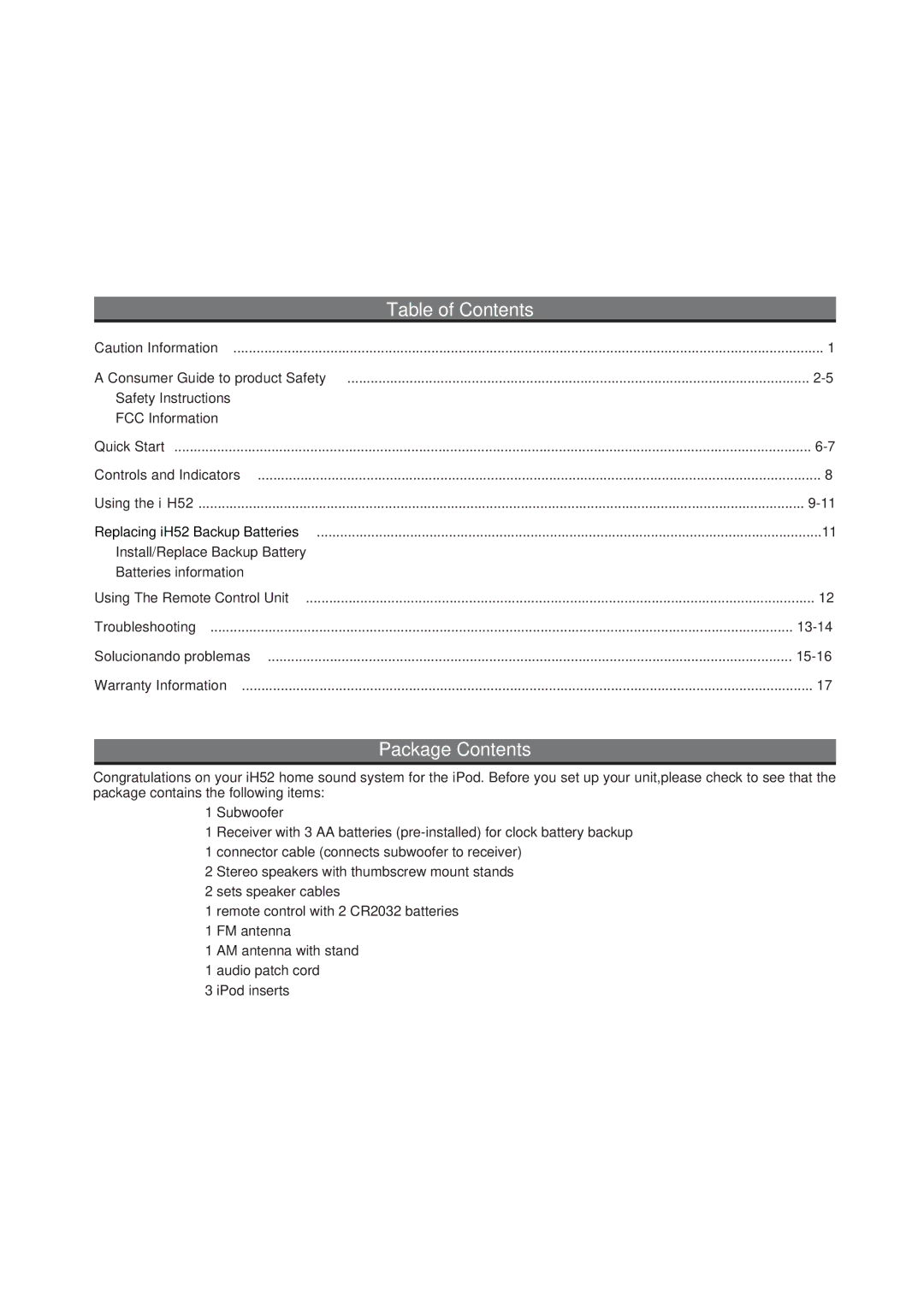 iHome IH52 manual Table of Contents, Package Contents 