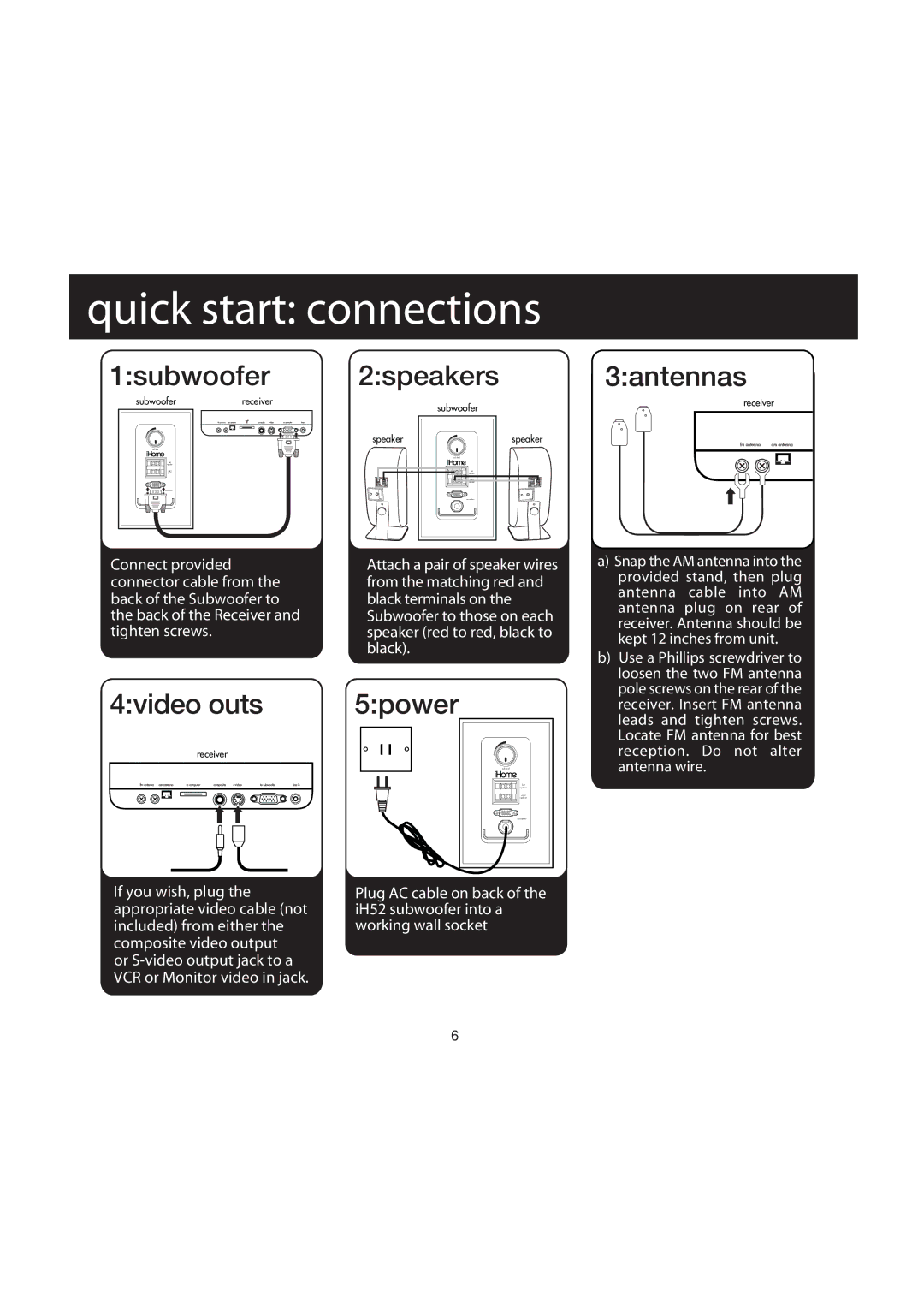 iHome IH52 manual Quick start connections 