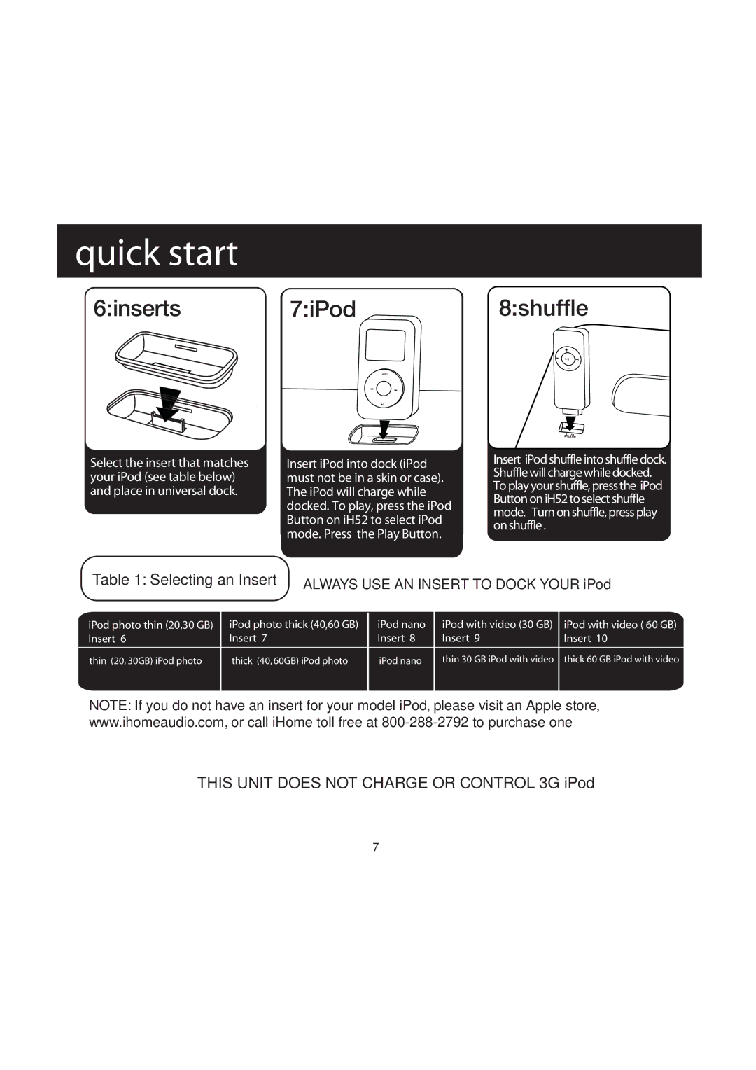 iHome IH52 manual Quick start, Always USE AN Insert to Dock Your iPod 