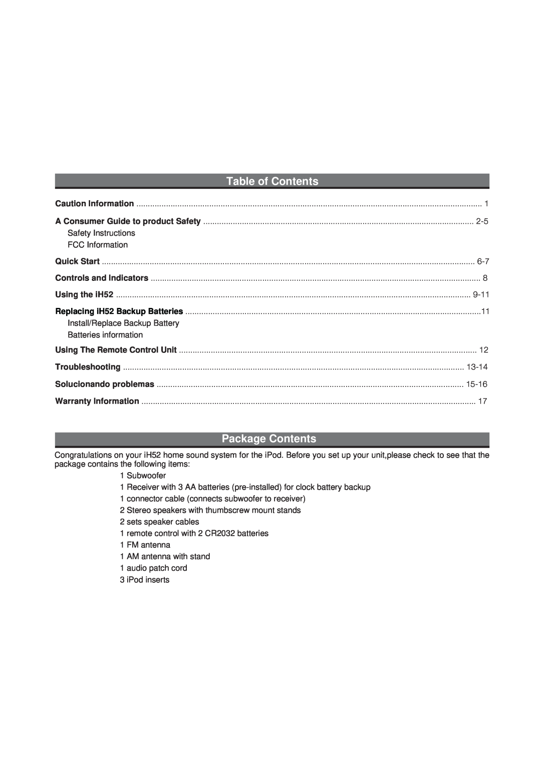 iHome IH52 manual Table of Contents, Package Contents 