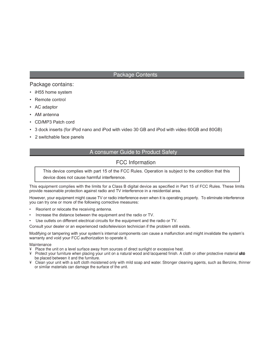 iHome iH55 manual Package Contents, Consumer Guide to Product Safety 