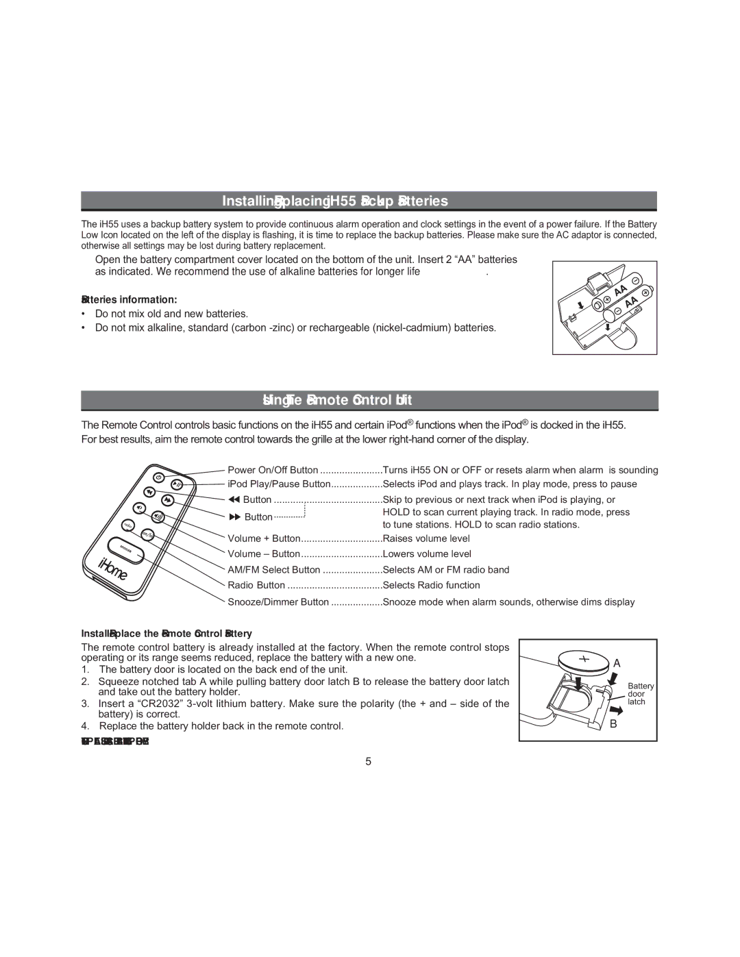 iHome manual Installing/Replacing iH55 Backup Batteries, Using The Remote Control Unit 