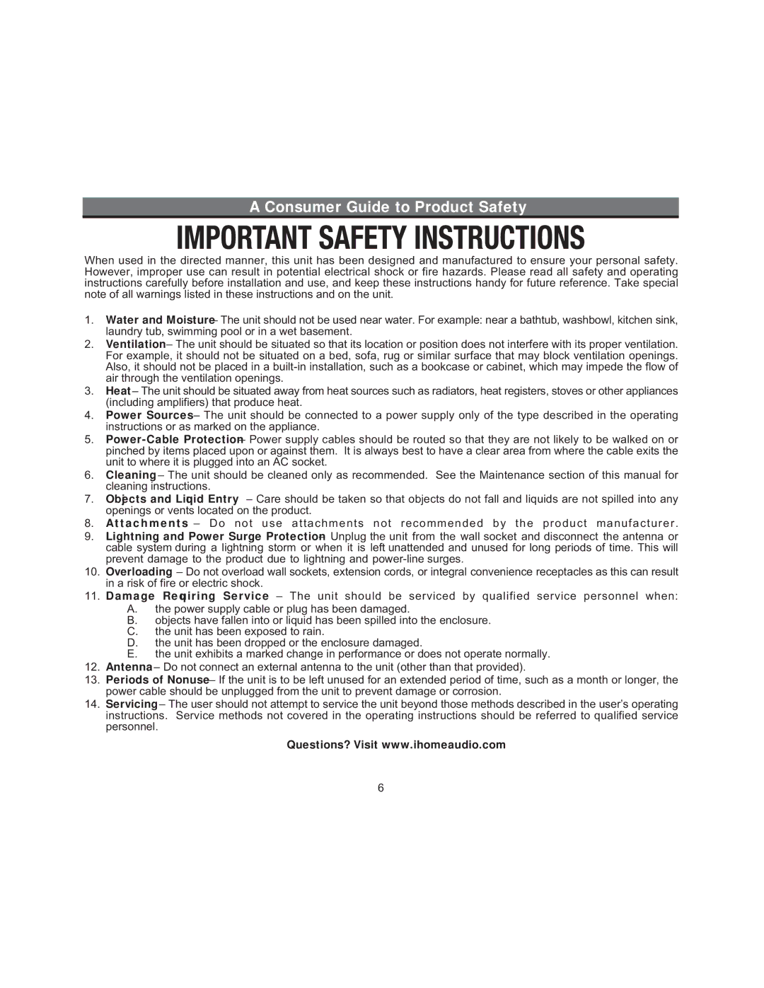 iHome iH55 manual Consumer Guide to Product Safety 