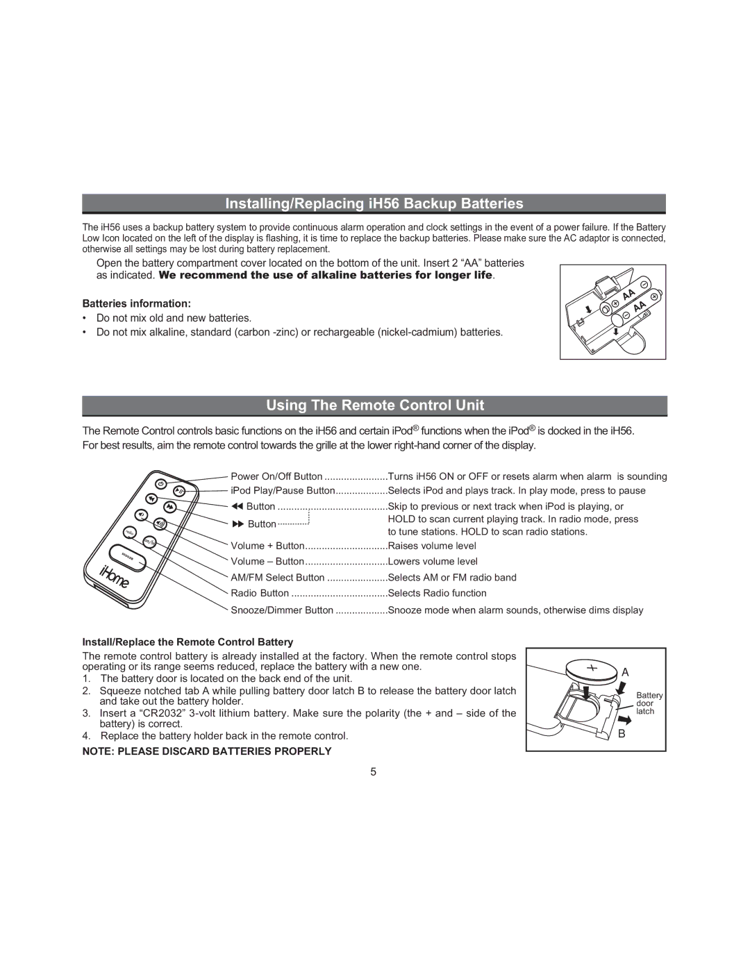 iHome iH56 IB manual Installing/Replacing iH56 Backup Batteries, Using The Remote Control Unit 