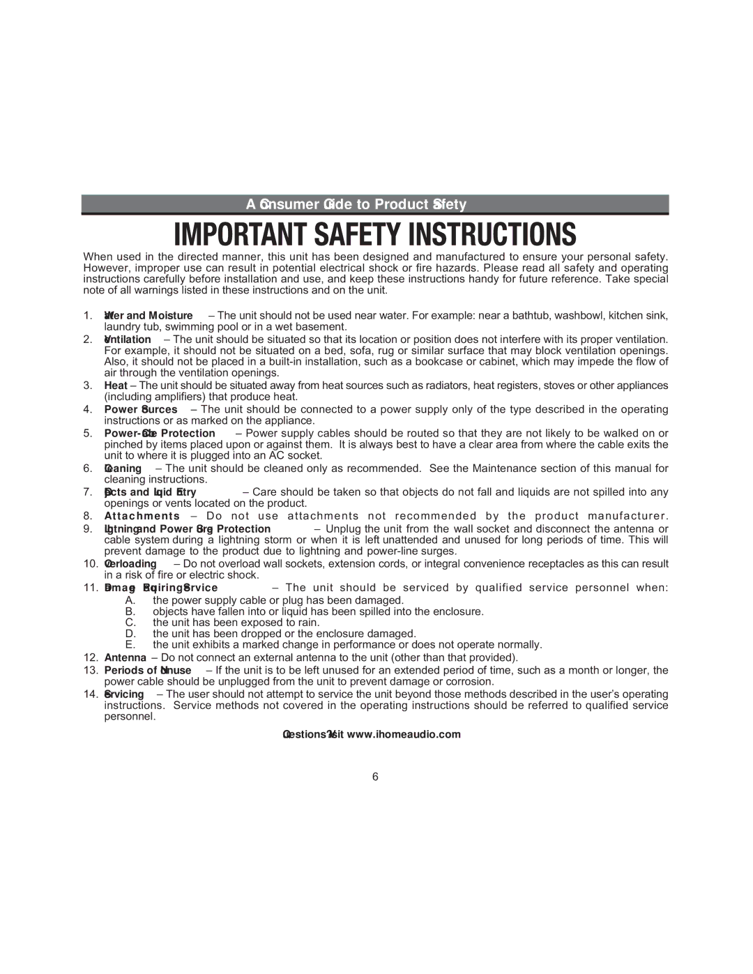 iHome iH56 IB manual Consumer Guide to Product Safety 