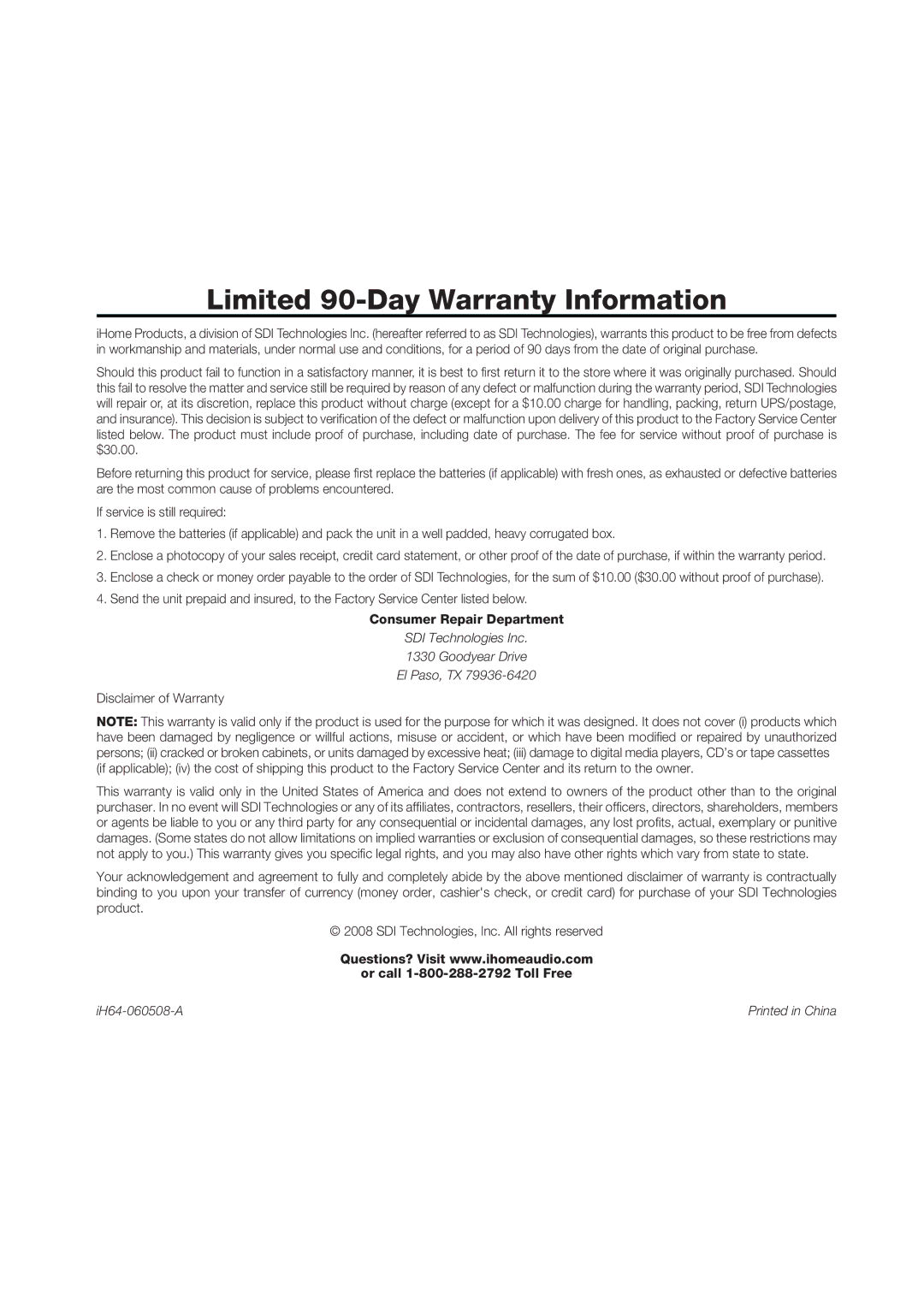 iHome iH64 manual Limited 90-Day Warranty Information 